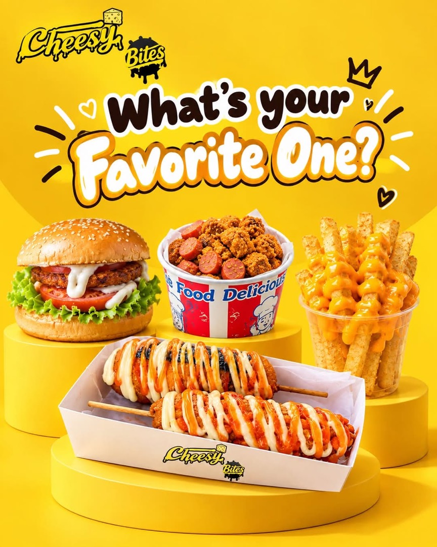 Cheesy Bites burger, chicken popcorn with sausage, cheese fries and corndogs